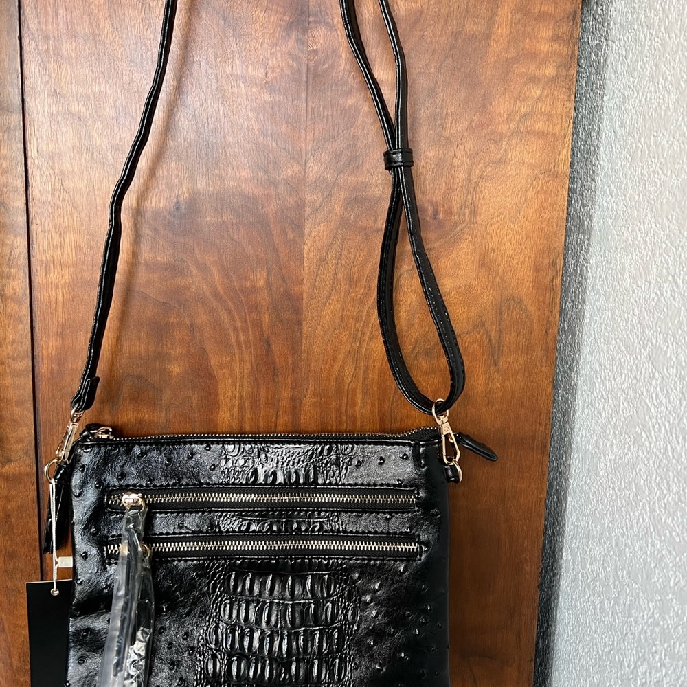 NWT Poppi Vegan Black Croco Leather Crossbody Bag! - Picture 6 of 11